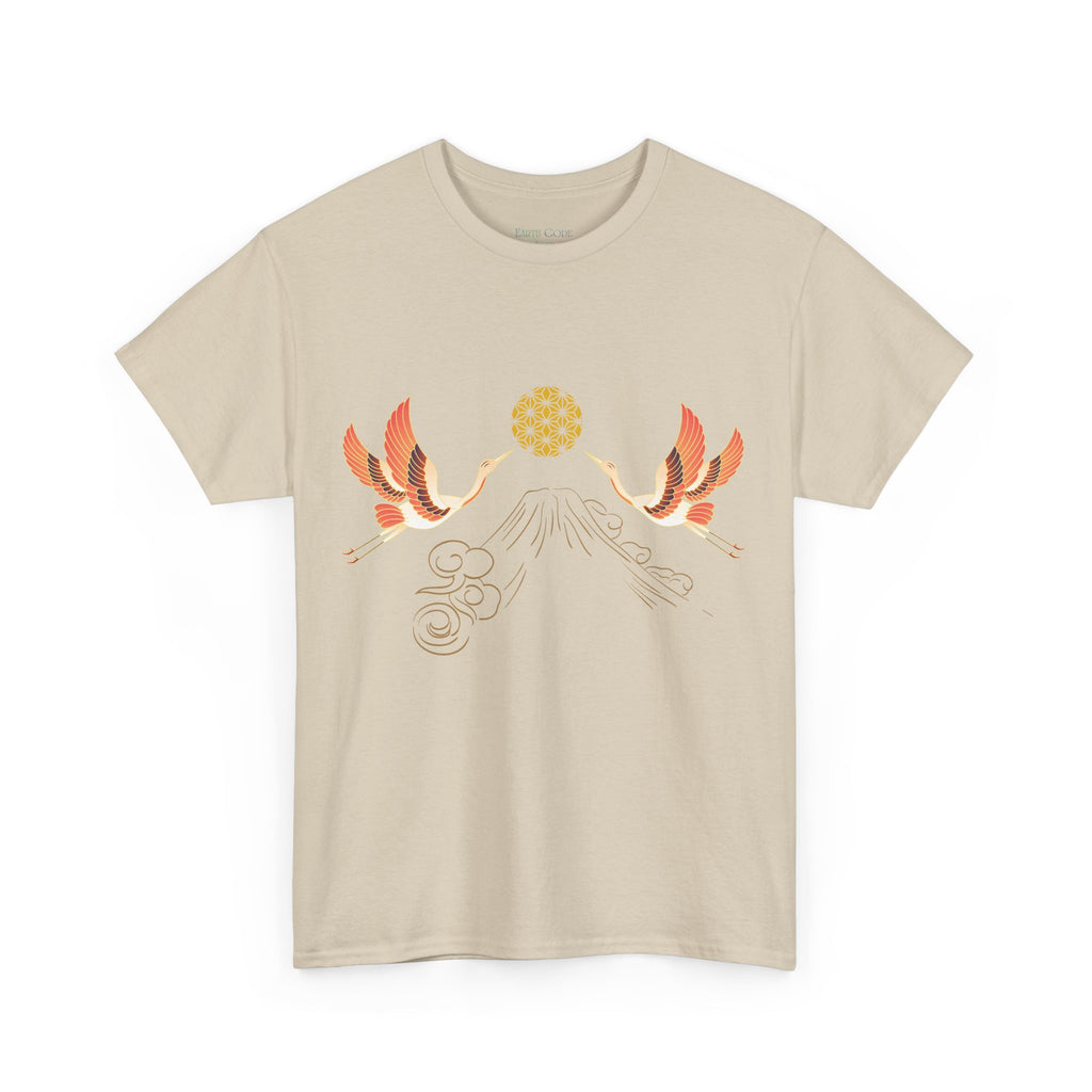 Japanese Cranes Harmony T-Shirt | Mount Fuji  - Sacred  Geometry - Two Cranes Minimalist Japanese Art Tee