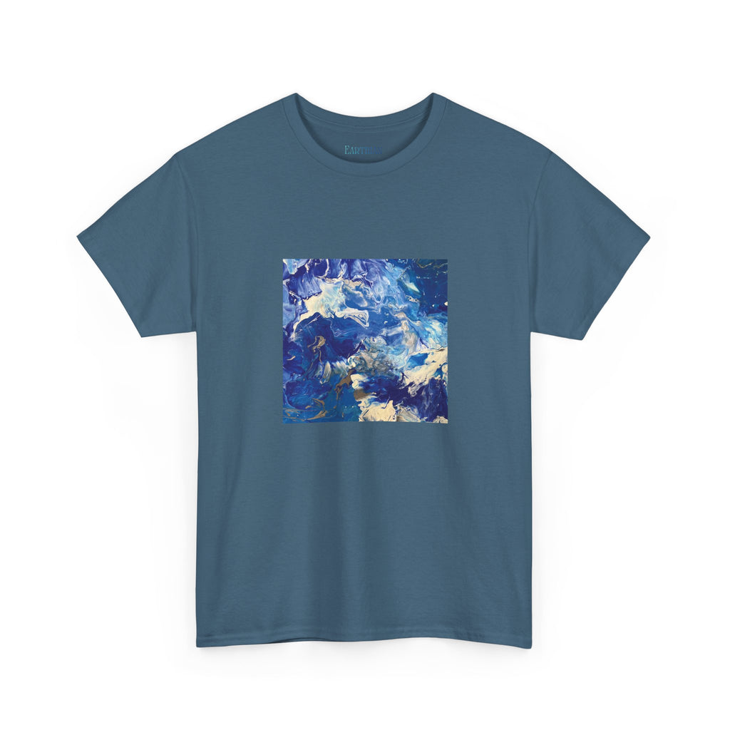 Earth Blue, Silver & White Marble T-Shirt | Abstract Fluid Art Tee - Original Canvas Painting