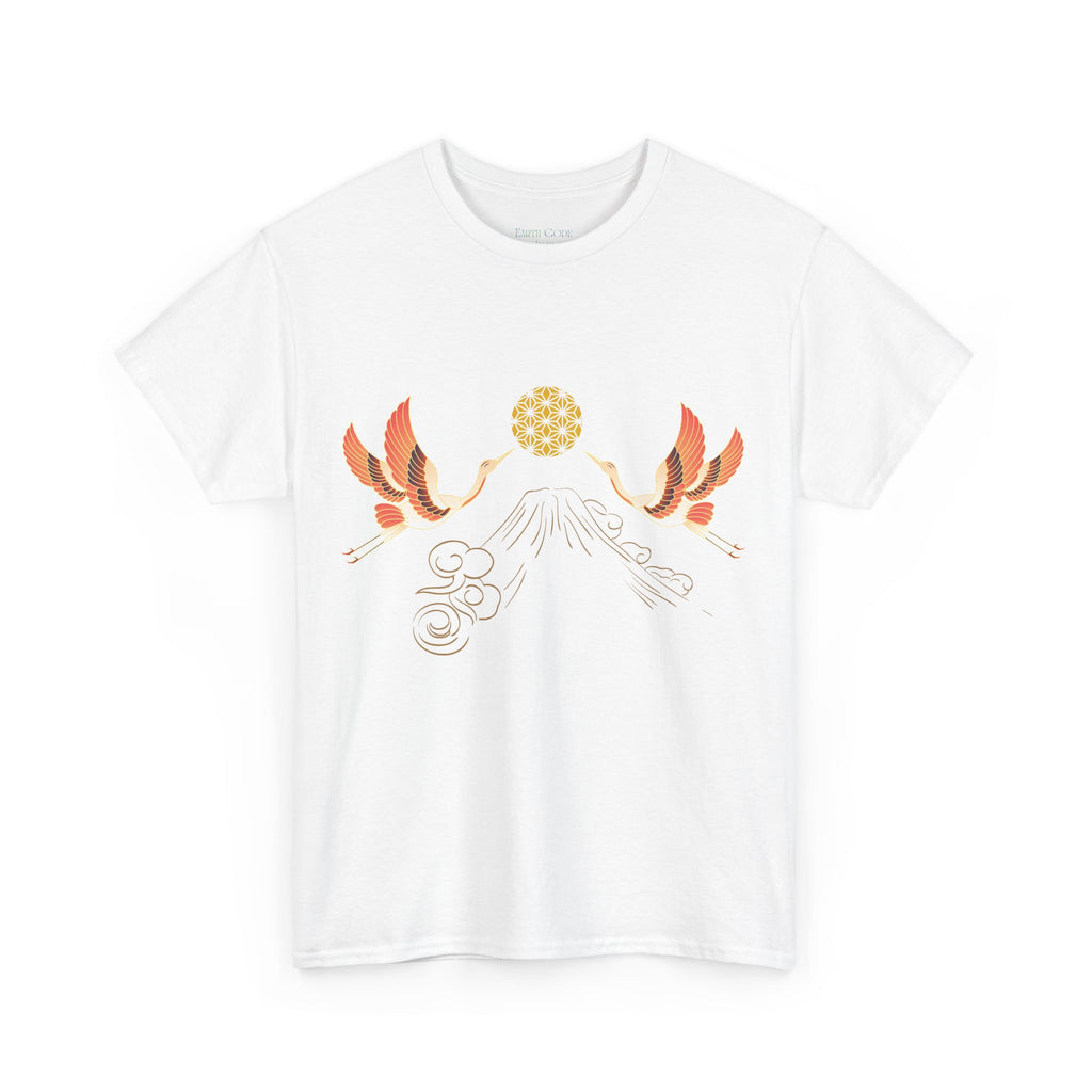 Japanese Cranes Harmony T-Shirt | Mount Fuji  - Sacred  Geometry - Two Cranes Minimalist Japanese Art Tee