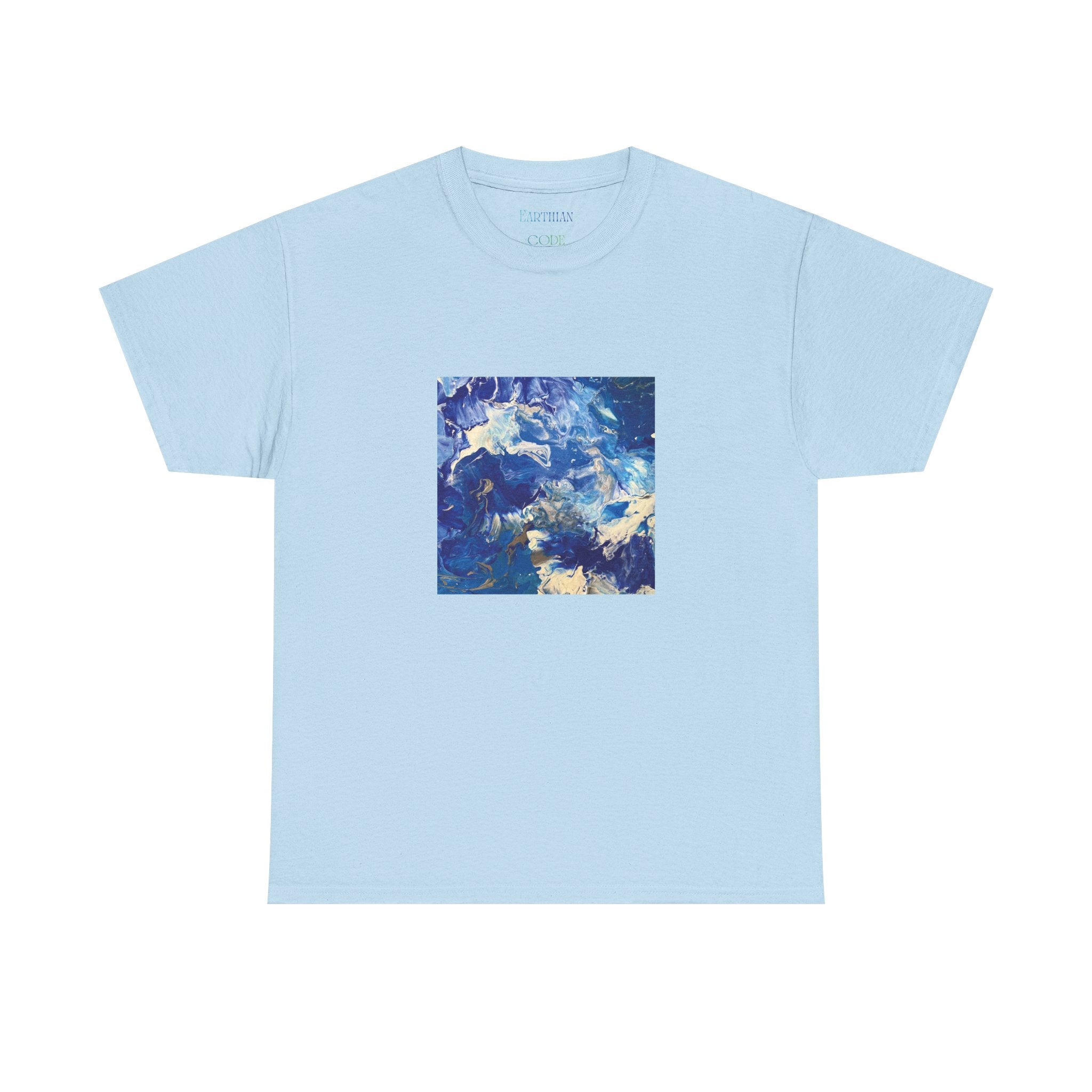 Earth Blue, Silver & White Marble T-Shirt | Abstract Fluid Art Tee - Original Canvas Painting