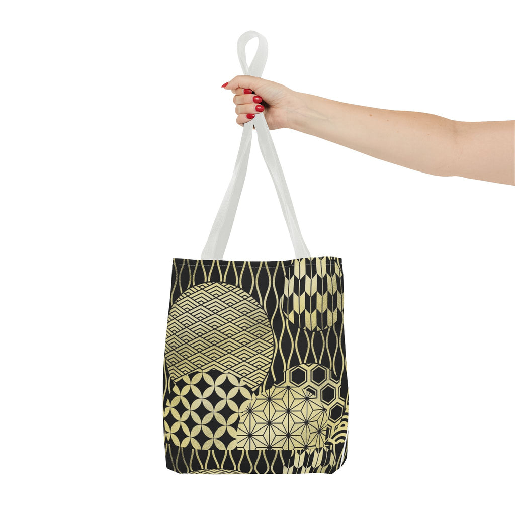 Gold Japanese Pattern Tote Bag | Geometric Asanoha Seigaiha Motifs
