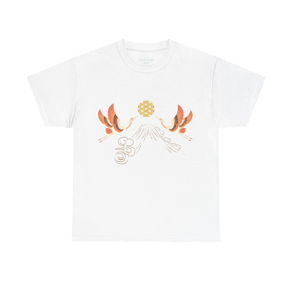 Japanese Cranes Harmony T-Shirt | Mount Fuji  - Sacred  Geometry - Two Cranes Minimalist Japanese Art Tee