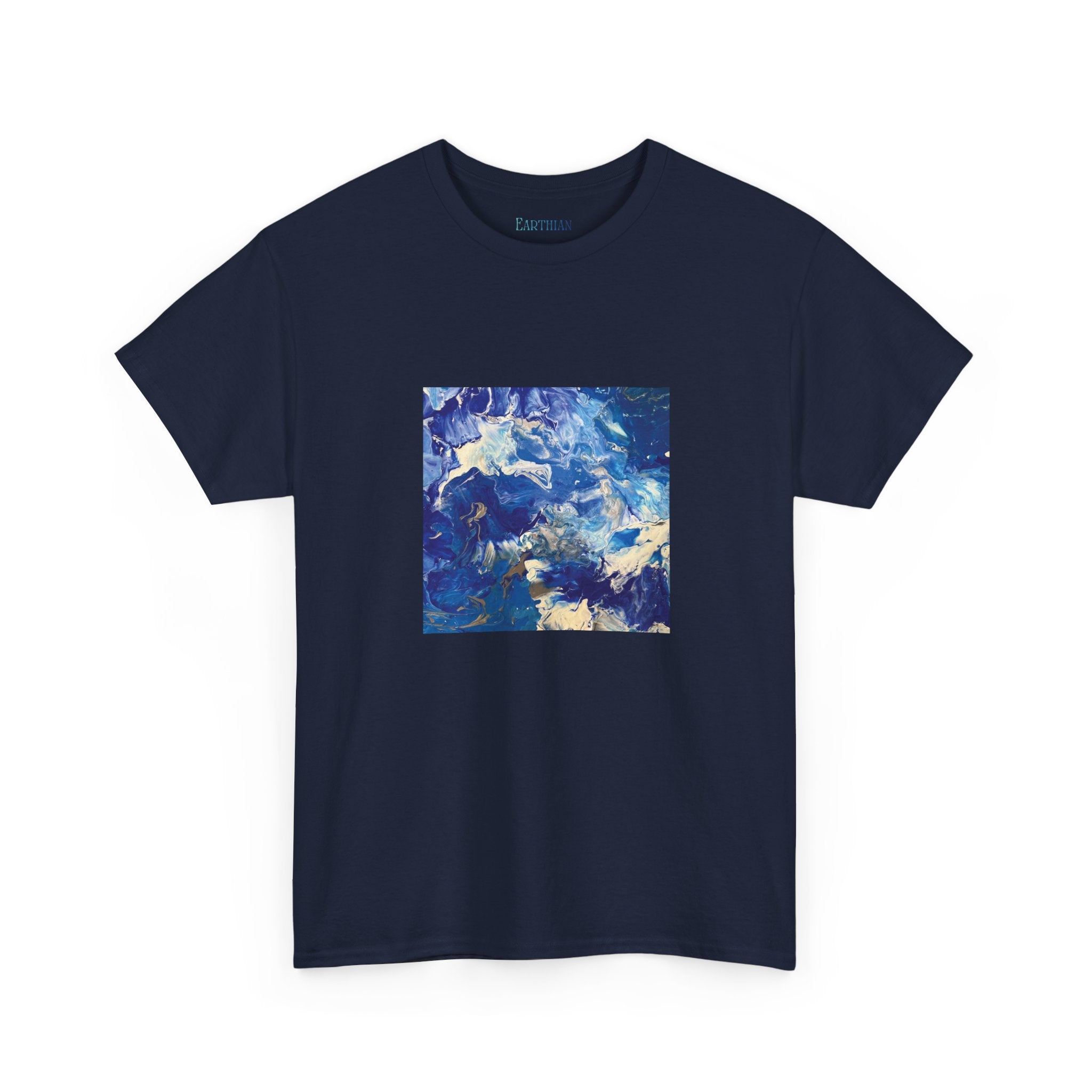 Earth Blue, Silver & White Marble T-Shirt | Abstract Fluid Art Tee - Original Canvas Painting