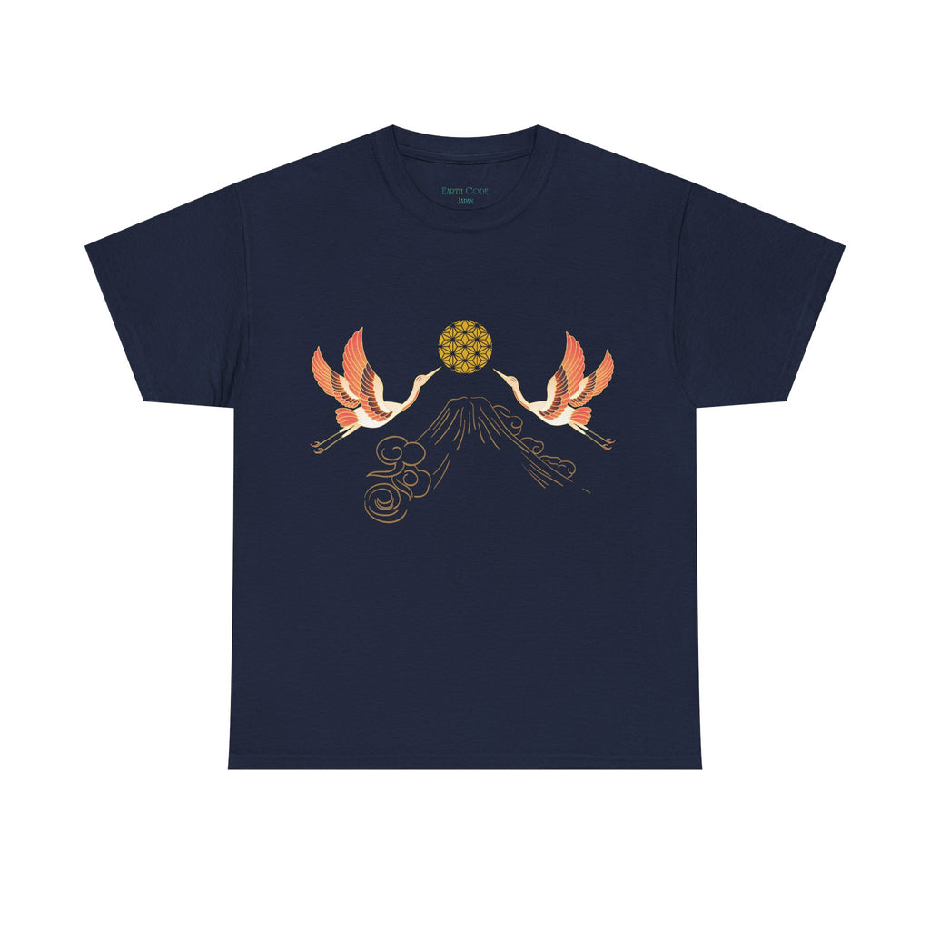 Japanese Cranes Harmony T-Shirt | Mount Fuji  - Sacred  Geometry - Two Cranes Minimalist Japanese Art Tee