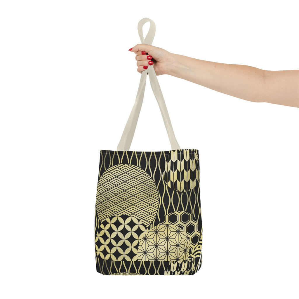 Gold Japanese Pattern Tote Bag | Geometric Asanoha Seigaiha Motifs