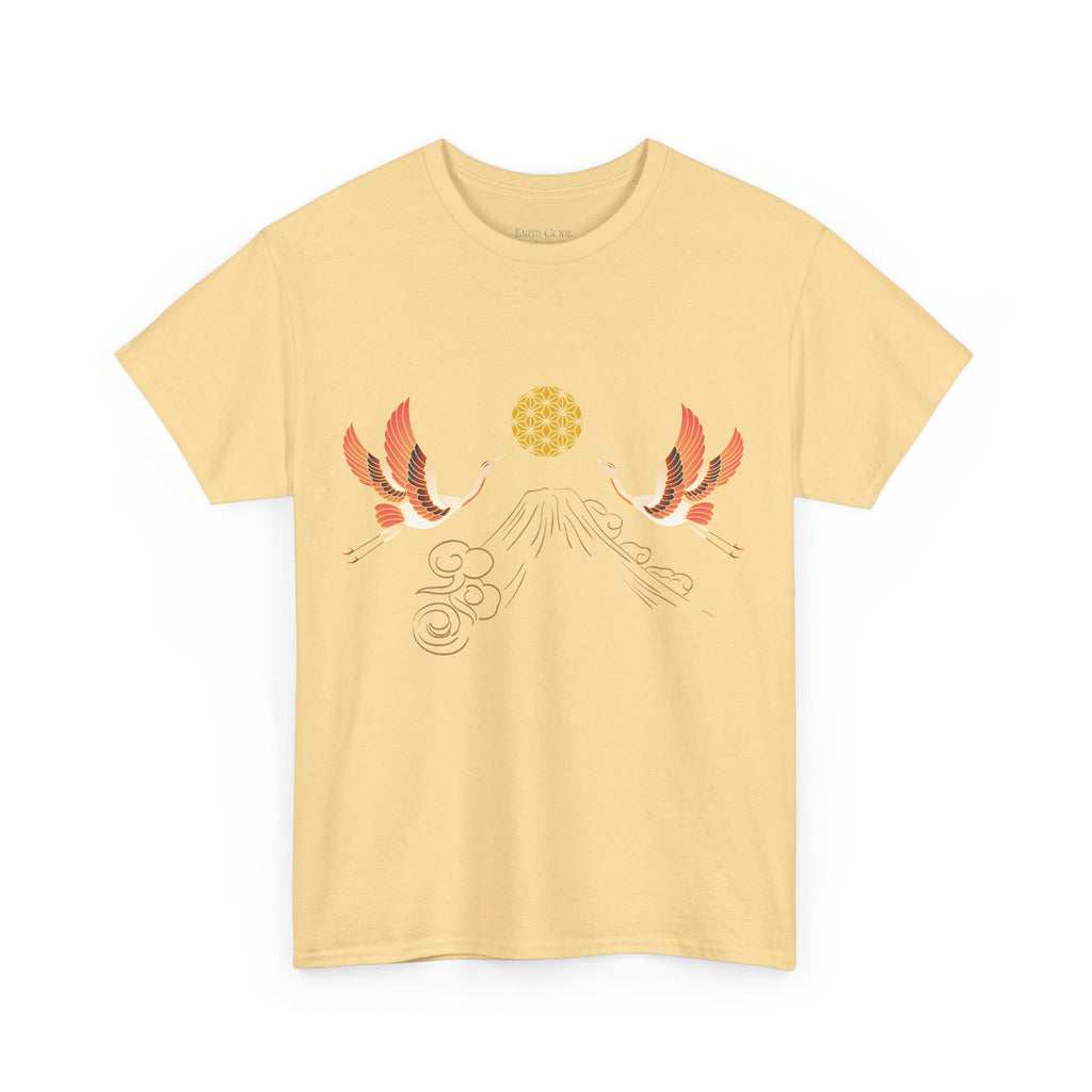 Japanese Cranes Harmony T-Shirt | Mount Fuji  - Sacred  Geometry - Two Cranes Minimalist Japanese Art Tee