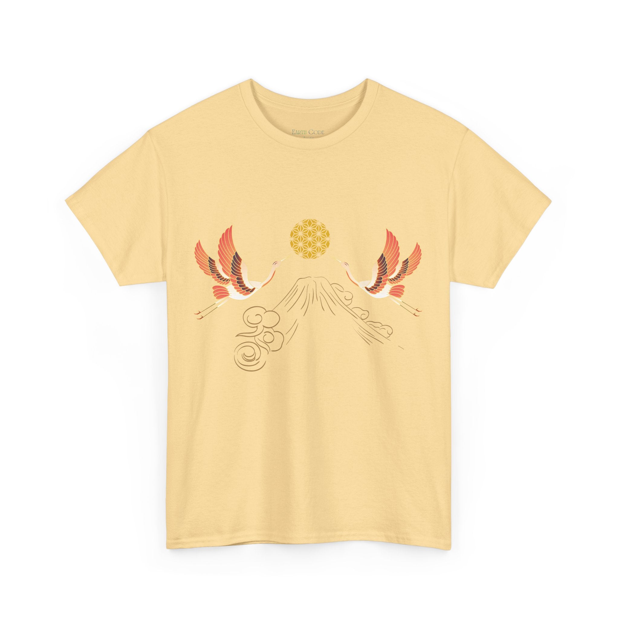 Japanese Cranes Harmony T-Shirt | Mount Fuji  - Sacred  Geometry - Two Cranes Minimalist Japanese Art Tee
