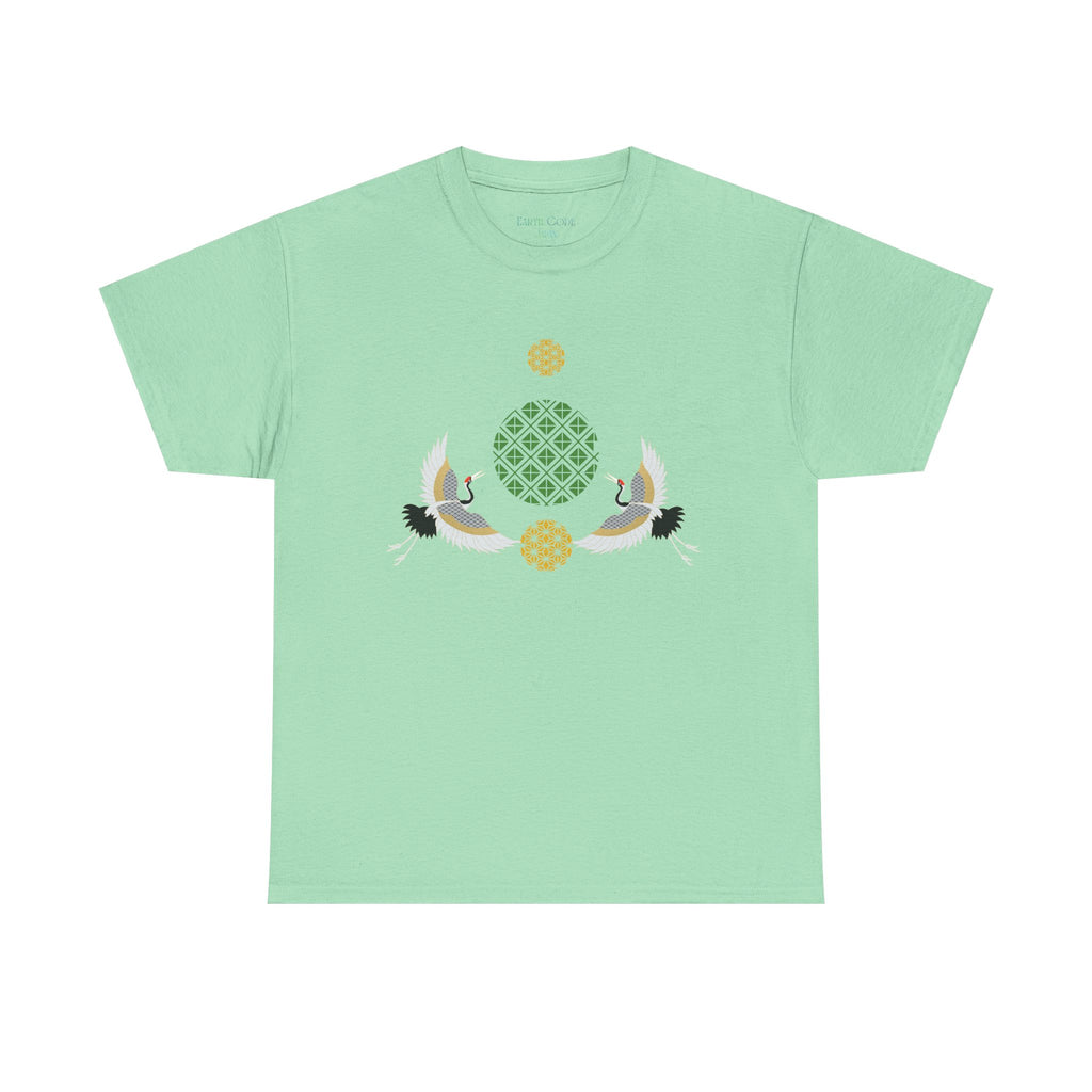 Japanese Cranes Harmony T-Shirt | Two Cranes Minimalist Japanese Art Tee - | Unisex Heavy Cotton Tee