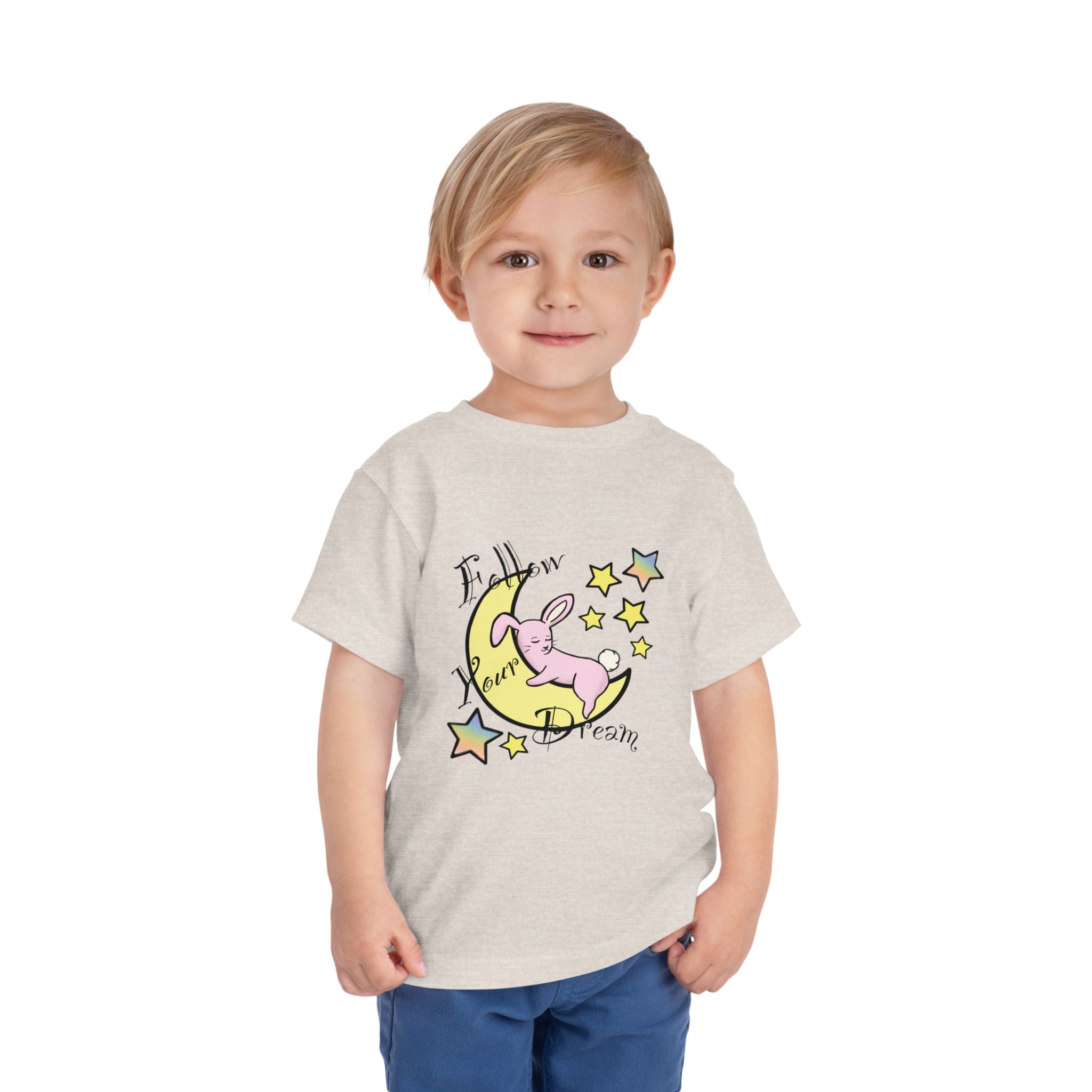 Sleeping Bunny on Moon toddler tee | pastel stars, I’ll Brew Dream design