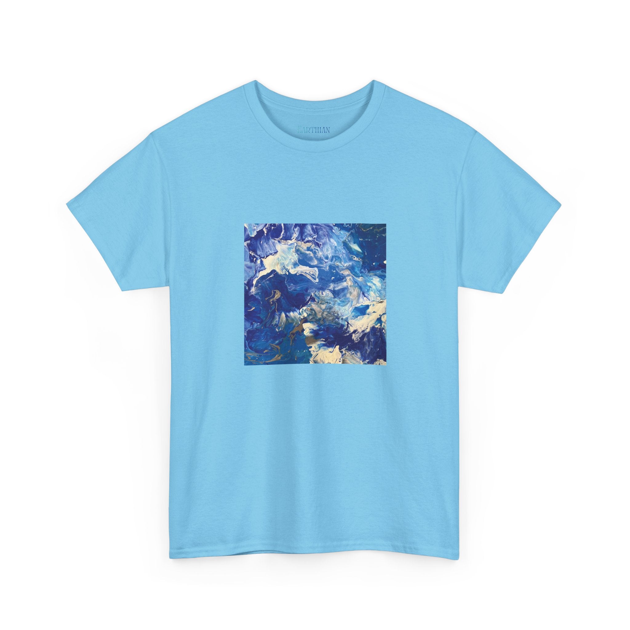 Earth Blue, Silver & White Marble T-Shirt | Abstract Fluid Art Tee - Original Canvas Painting