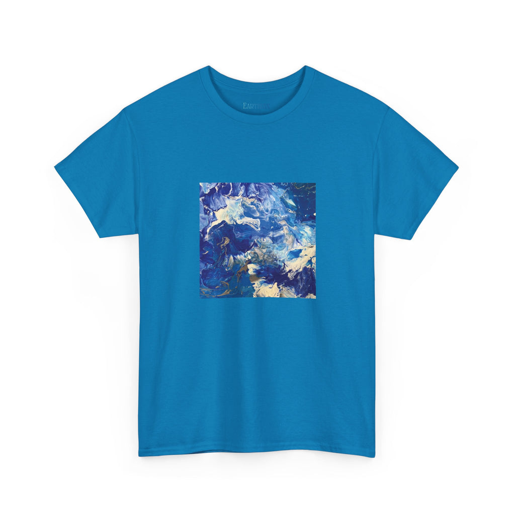Earth Blue, Silver & White Marble T-Shirt | Abstract Fluid Art Tee - Original Canvas Painting