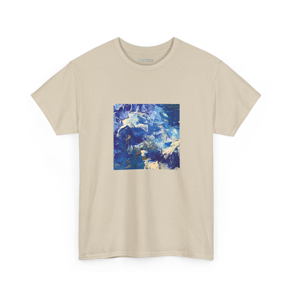Earth Blue, Silver & White Marble T-Shirt | Abstract Fluid Art Tee - Original Canvas Painting