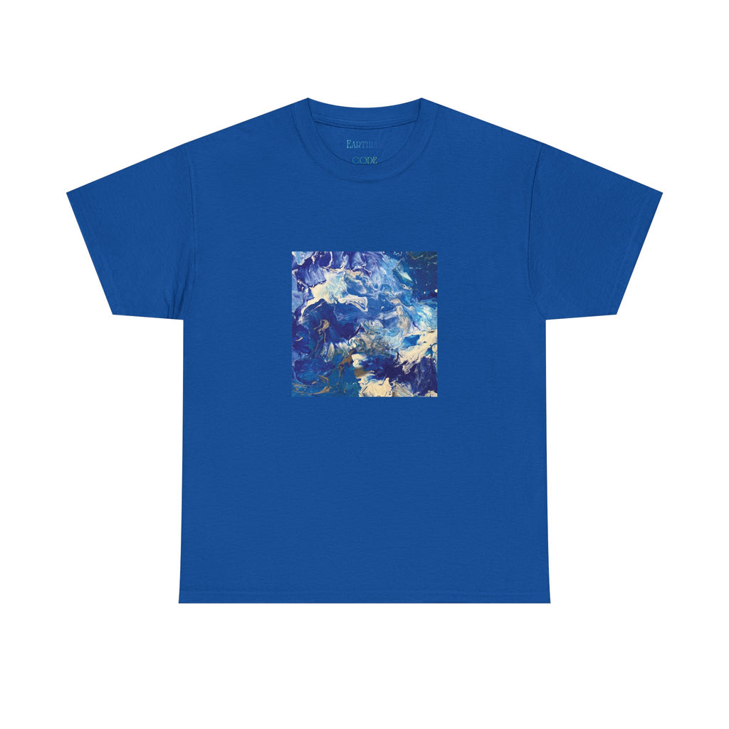 Earth Blue, Silver & White Marble T-Shirt | Abstract Fluid Art Tee - Original Canvas Painting