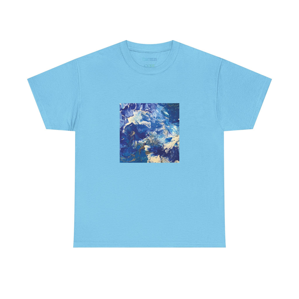 Earth Blue, Silver & White Marble T-Shirt | Abstract Fluid Art Tee - Original Canvas Painting