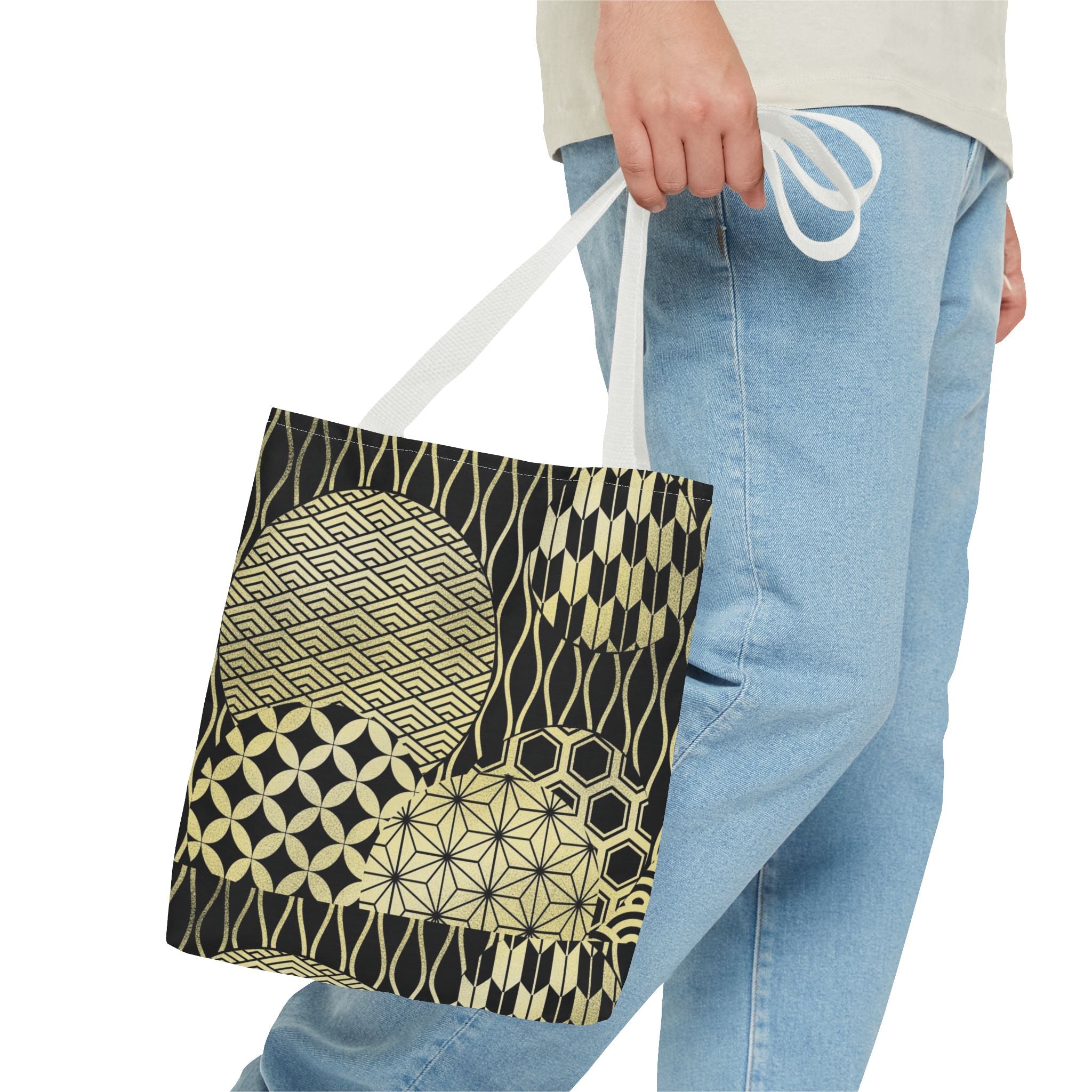 Gold Japanese Pattern Tote Bag | Geometric Asanoha Seigaiha Motifs