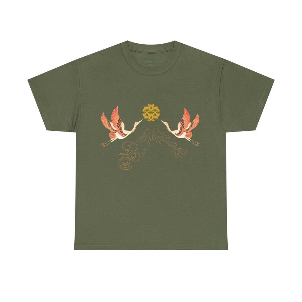 Japanese Cranes Harmony T-Shirt | Mount Fuji  - Sacred  Geometry - Two Cranes Minimalist Japanese Art Tee