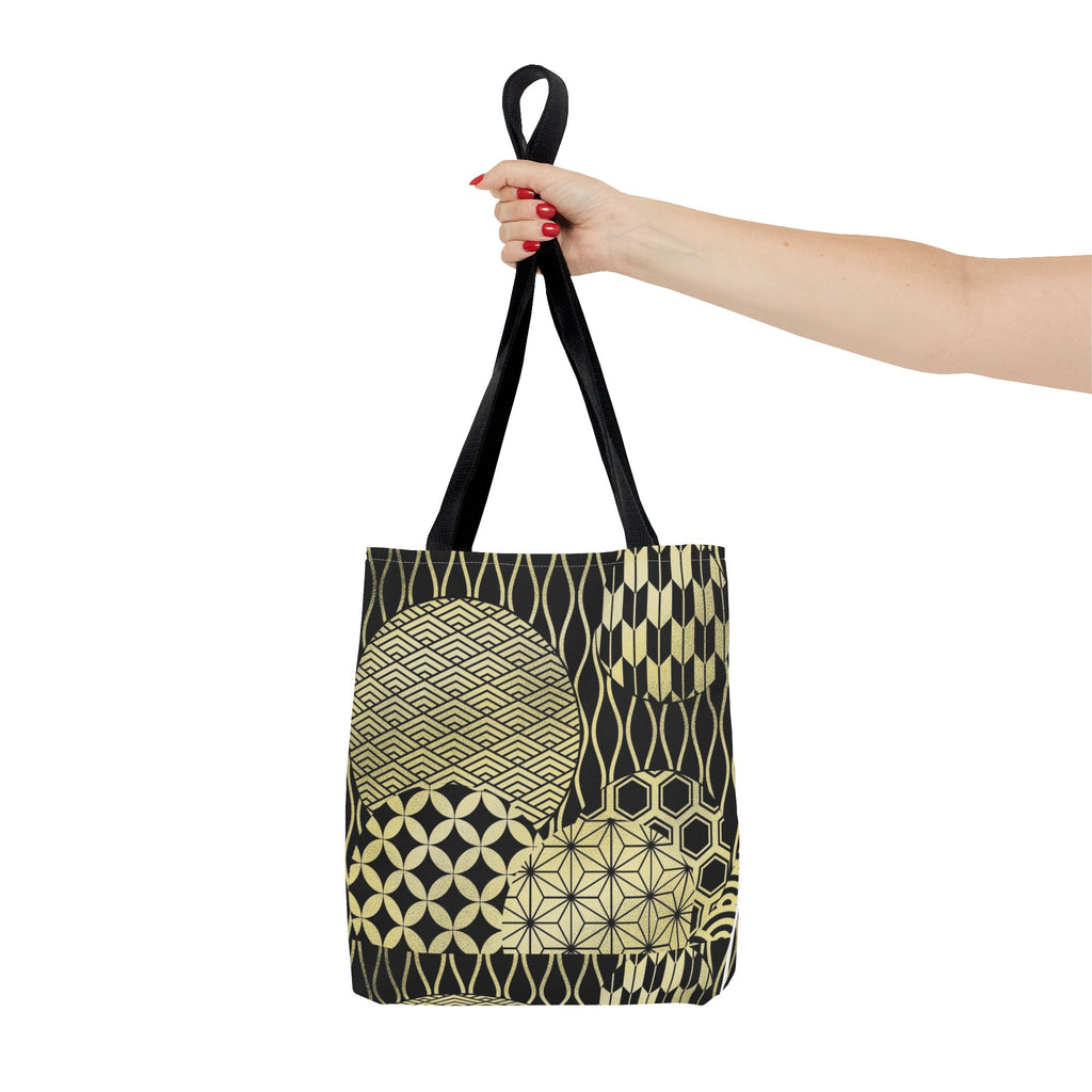 Gold Japanese Pattern Tote Bag | Geometric Asanoha Seigaiha Motifs
