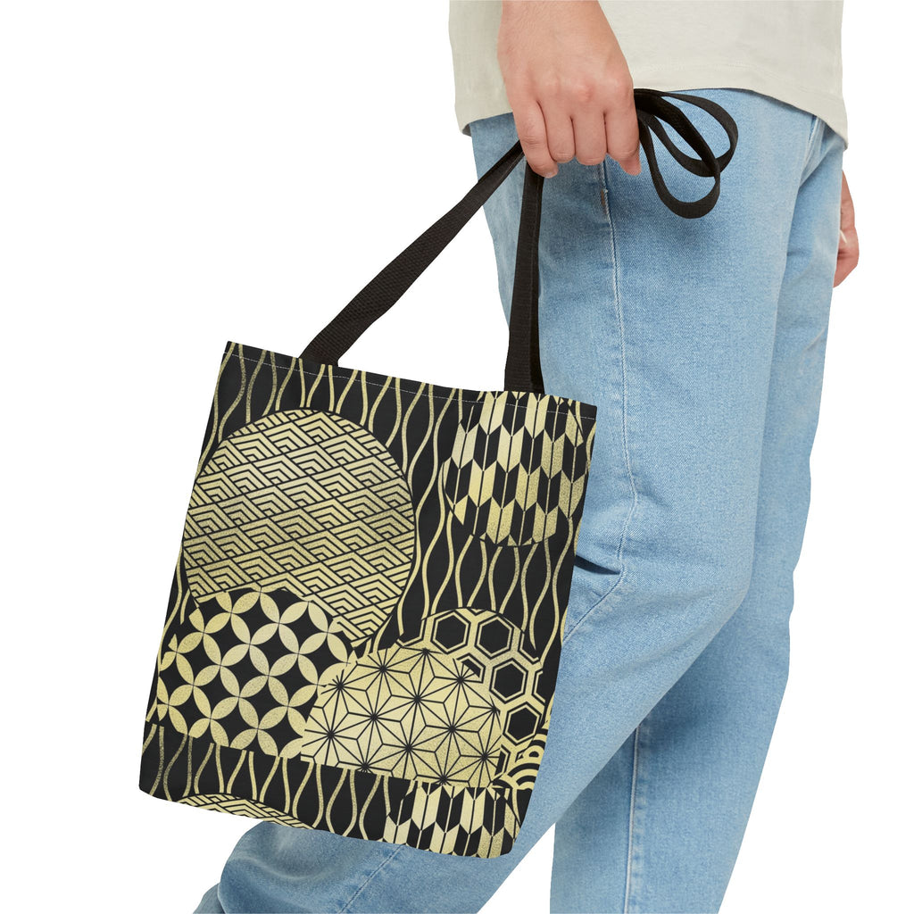 Gold Japanese Pattern Tote Bag | Geometric Asanoha Seigaiha Motifs