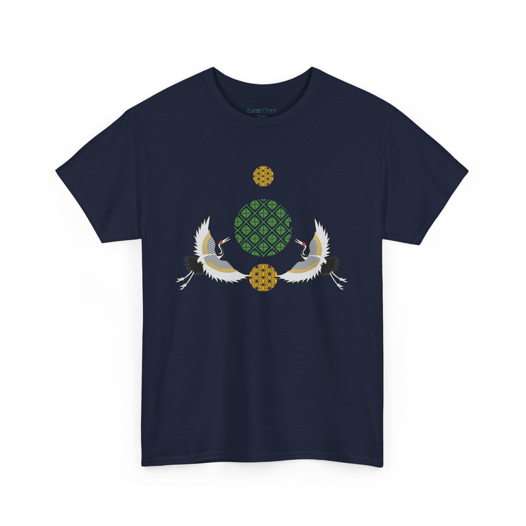 Japanese Cranes Harmony T-Shirt | Two Cranes Minimalist Japanese Art Tee - | Unisex Heavy Cotton Tee