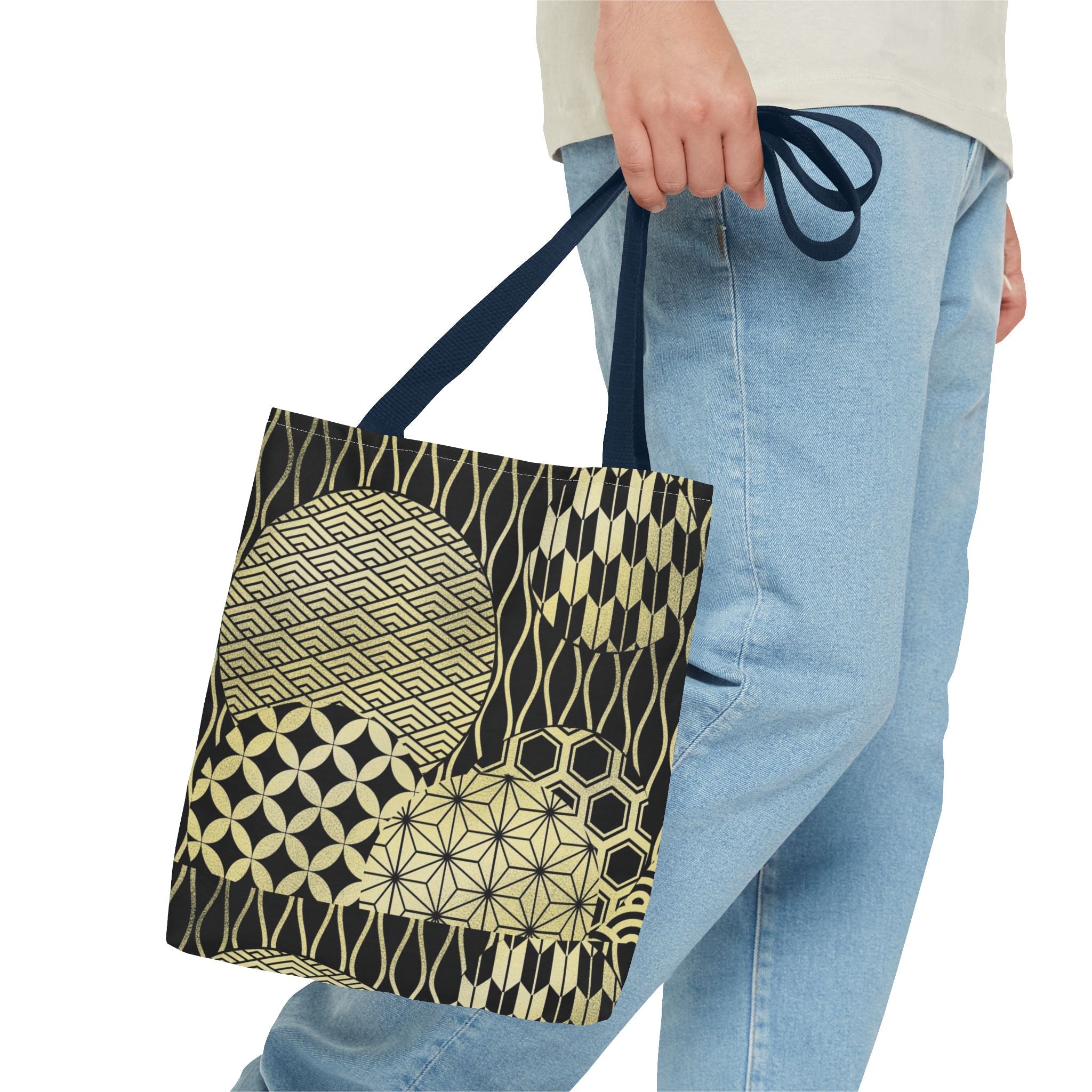 Gold Japanese Pattern Tote Bag | Geometric Asanoha Seigaiha Motifs