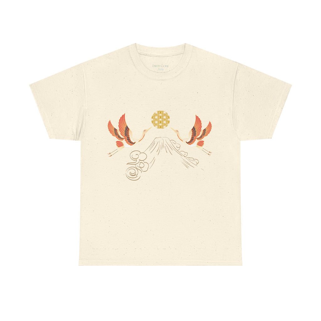 Japanese Cranes Harmony T-Shirt | Mount Fuji  - Sacred  Geometry - Two Cranes Minimalist Japanese Art Tee