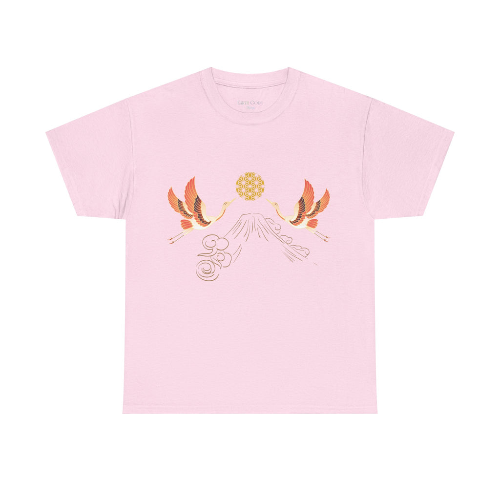 Japanese Cranes Harmony T-Shirt | Mount Fuji  - Sacred  Geometry - Two Cranes Minimalist Japanese Art Tee