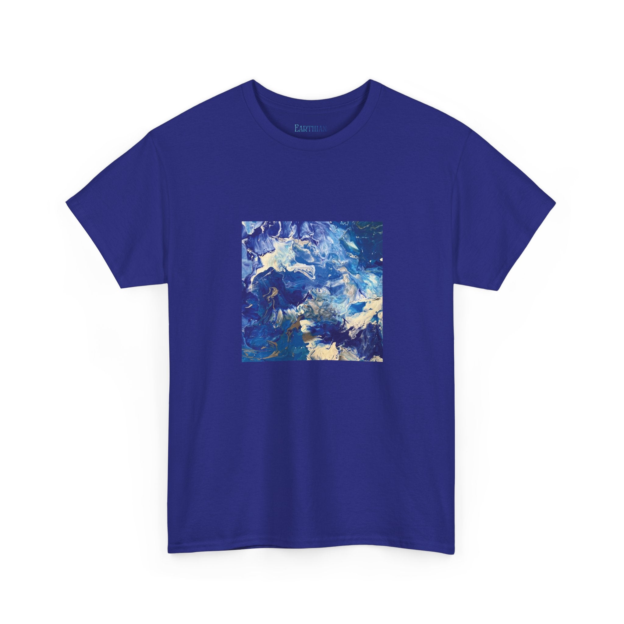 Earth Blue, Silver & White Marble T-Shirt | Abstract Fluid Art Tee - Original Canvas Painting