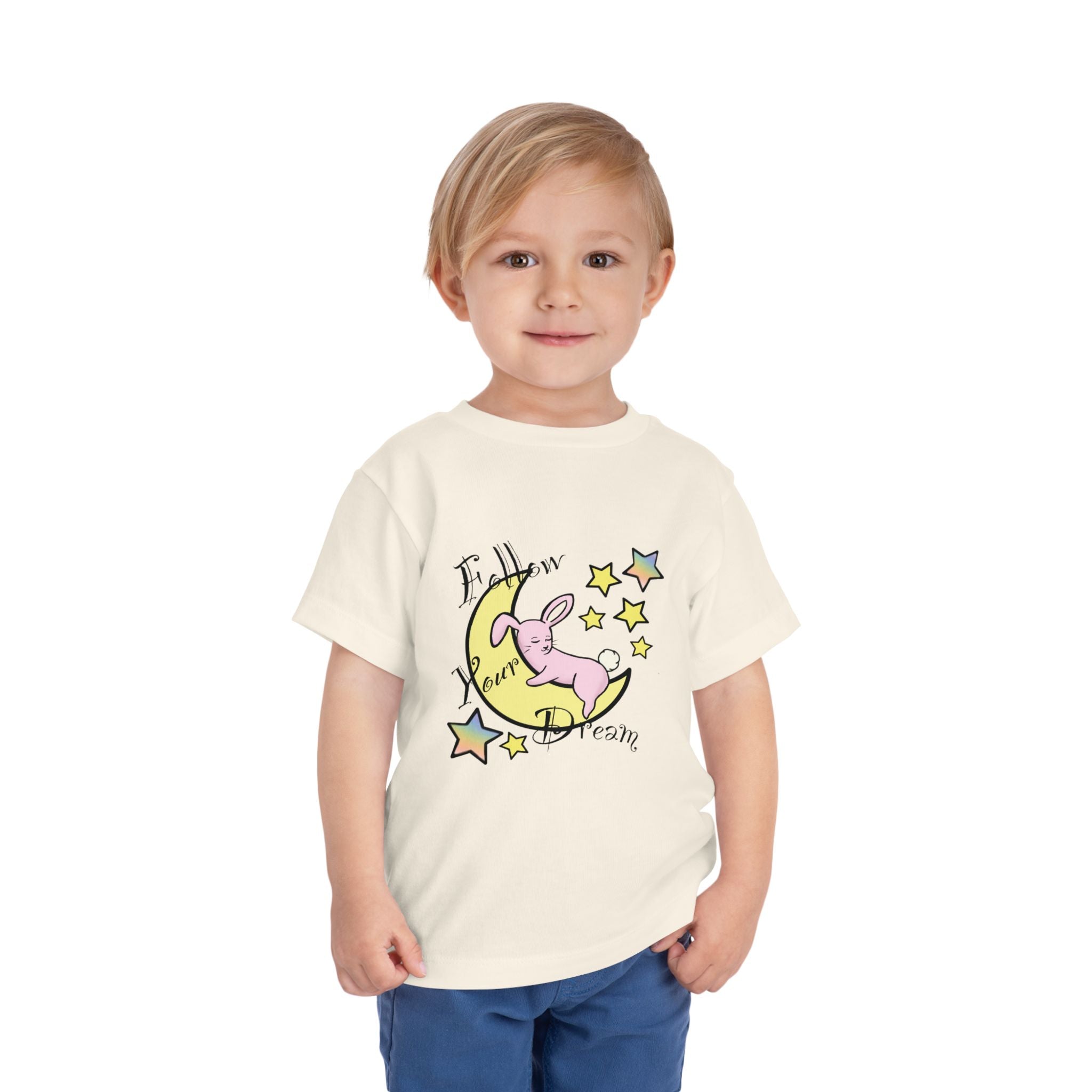 Sleeping Bunny on Moon toddler tee | pastel stars, I’ll Brew Dream design