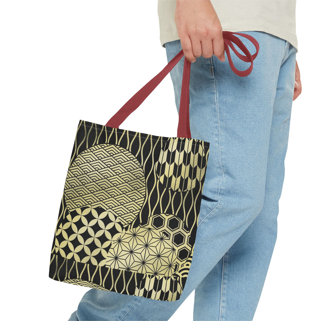 Gold Japanese Pattern Tote Bag | Geometric Asanoha Seigaiha Motifs