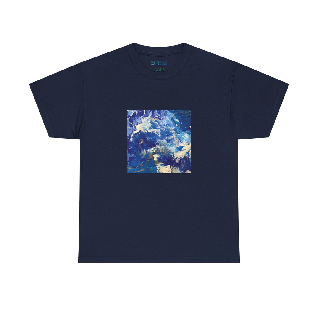 Earth Blue, Silver & White Marble T-Shirt | Abstract Fluid Art Tee - Original Canvas Painting