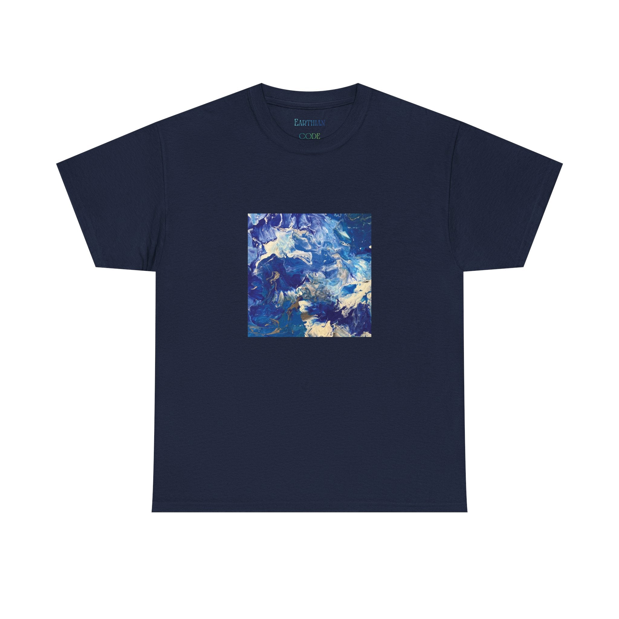 Earth Blue, Silver & White Marble T-Shirt | Abstract Fluid Art Tee - Original Canvas Painting