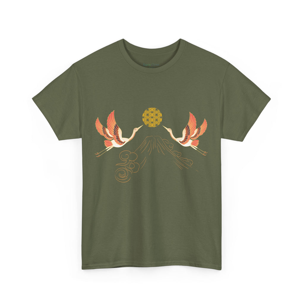 Japanese Cranes Harmony T-Shirt | Mount Fuji  - Sacred  Geometry - Two Cranes Minimalist Japanese Art Tee