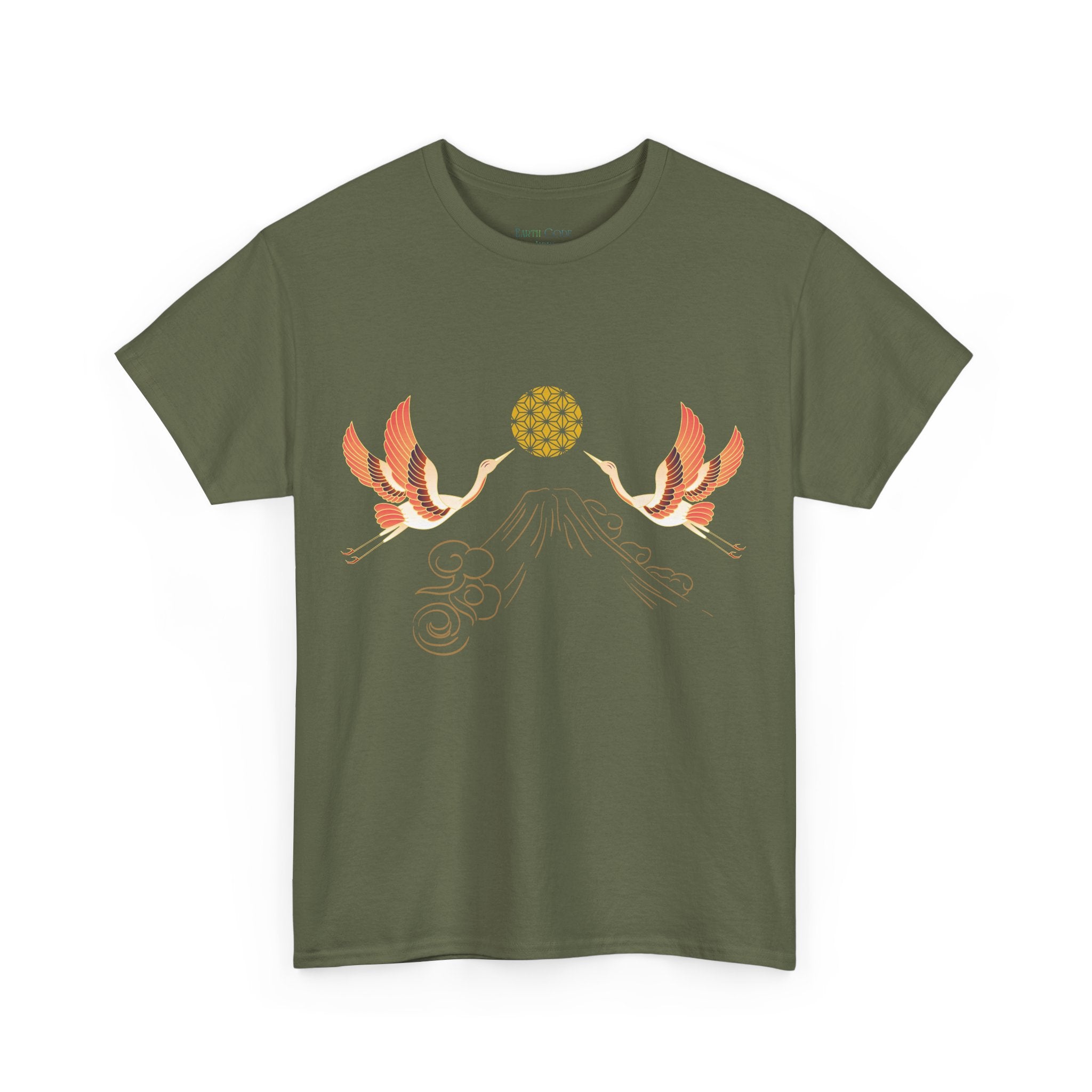 Japanese Cranes Harmony T-Shirt | Mount Fuji  - Sacred  Geometry - Two Cranes Minimalist Japanese Art Tee