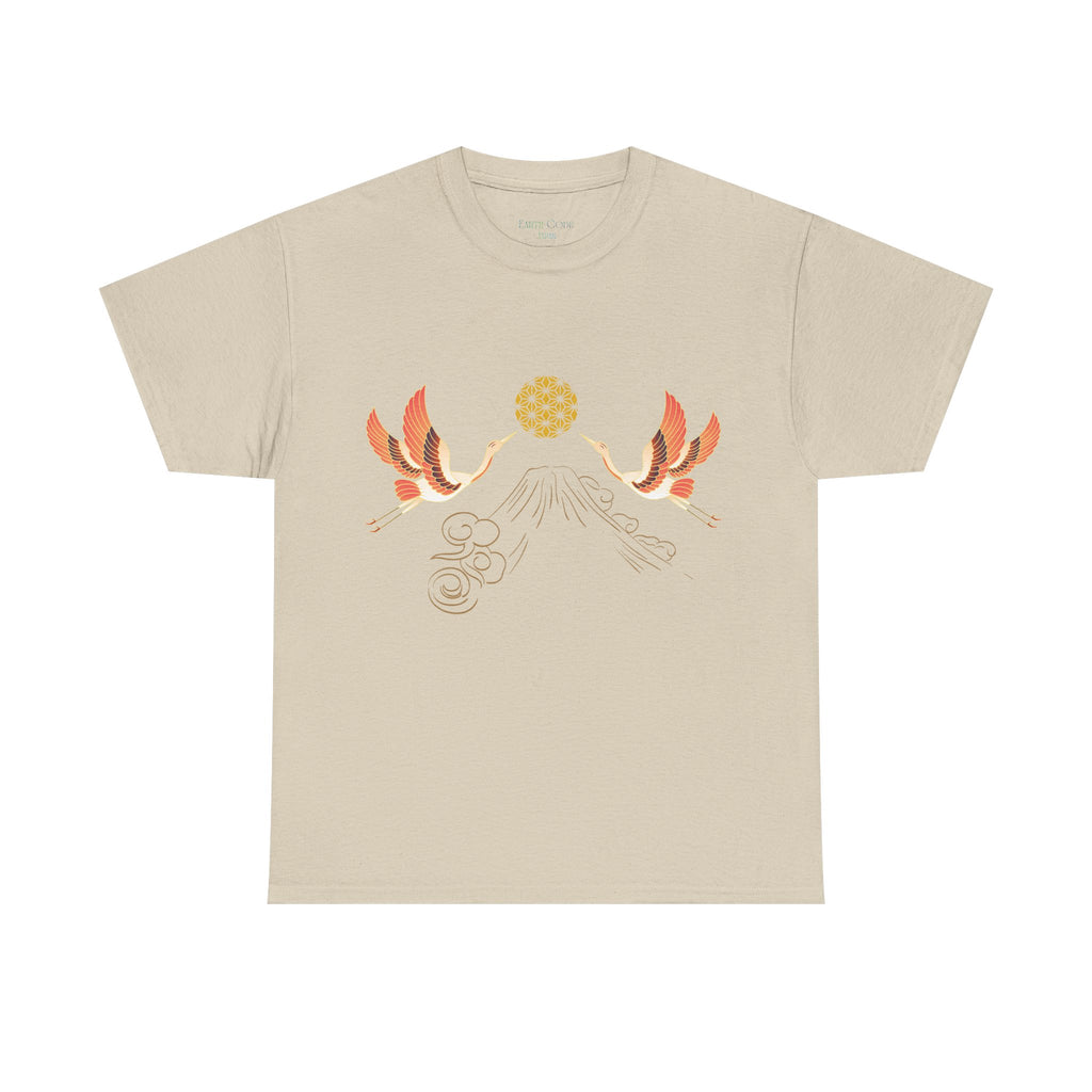 Japanese Cranes Harmony T-Shirt | Mount Fuji  - Sacred  Geometry - Two Cranes Minimalist Japanese Art Tee