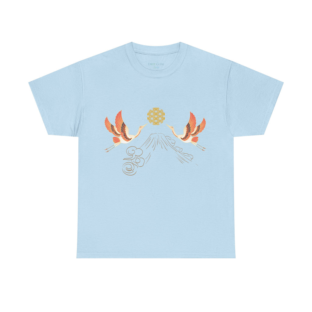 Japanese Cranes Harmony T-Shirt | Mount Fuji  - Sacred  Geometry - Two Cranes Minimalist Japanese Art Tee