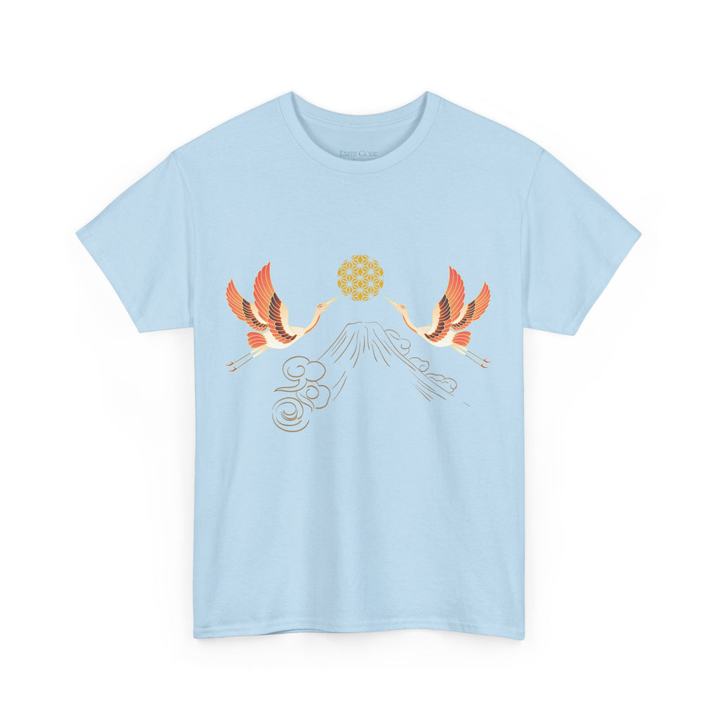 Japanese Cranes Harmony T-Shirt | Mount Fuji  - Sacred  Geometry - Two Cranes Minimalist Japanese Art Tee