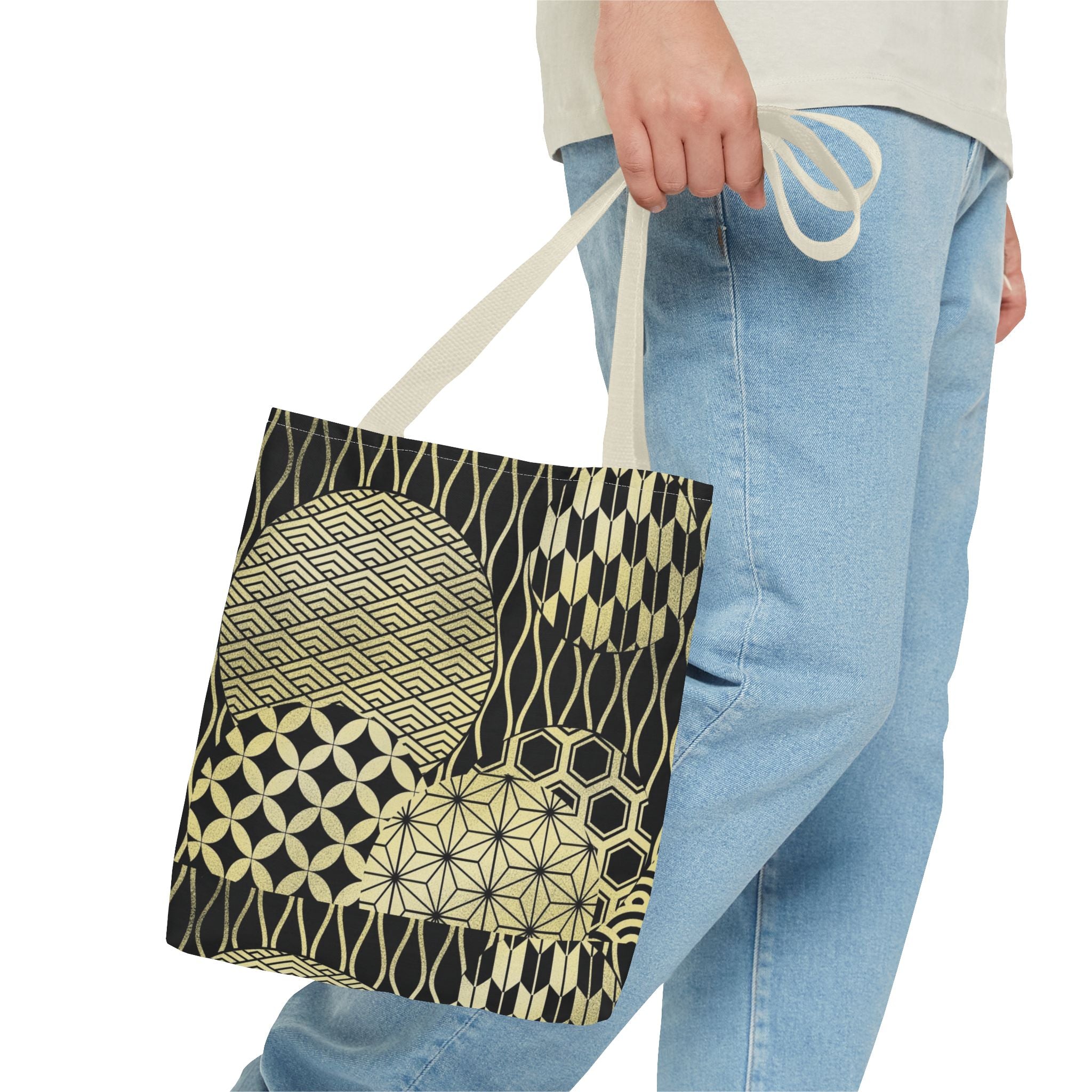 Gold Japanese Pattern Tote Bag | Geometric Asanoha Seigaiha Motifs