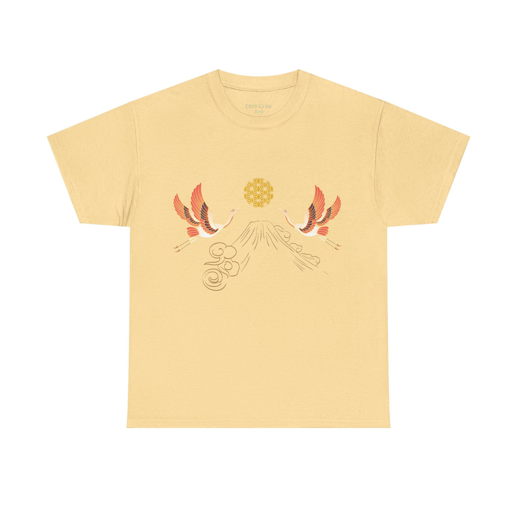 Japanese Cranes Harmony T-Shirt | Mount Fuji  - Sacred  Geometry - Two Cranes Minimalist Japanese Art Tee