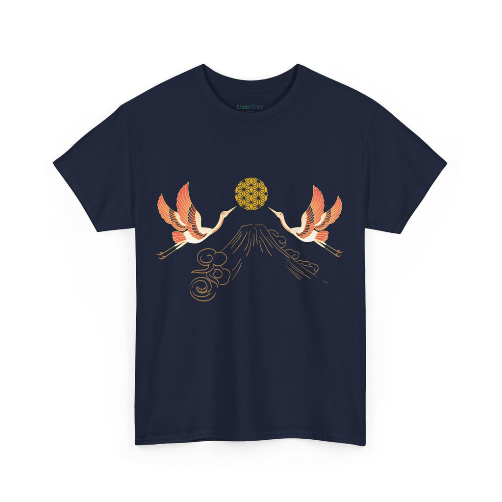 Japanese Cranes Harmony T-Shirt | Mount Fuji  - Sacred  Geometry - Two Cranes Minimalist Japanese Art Tee