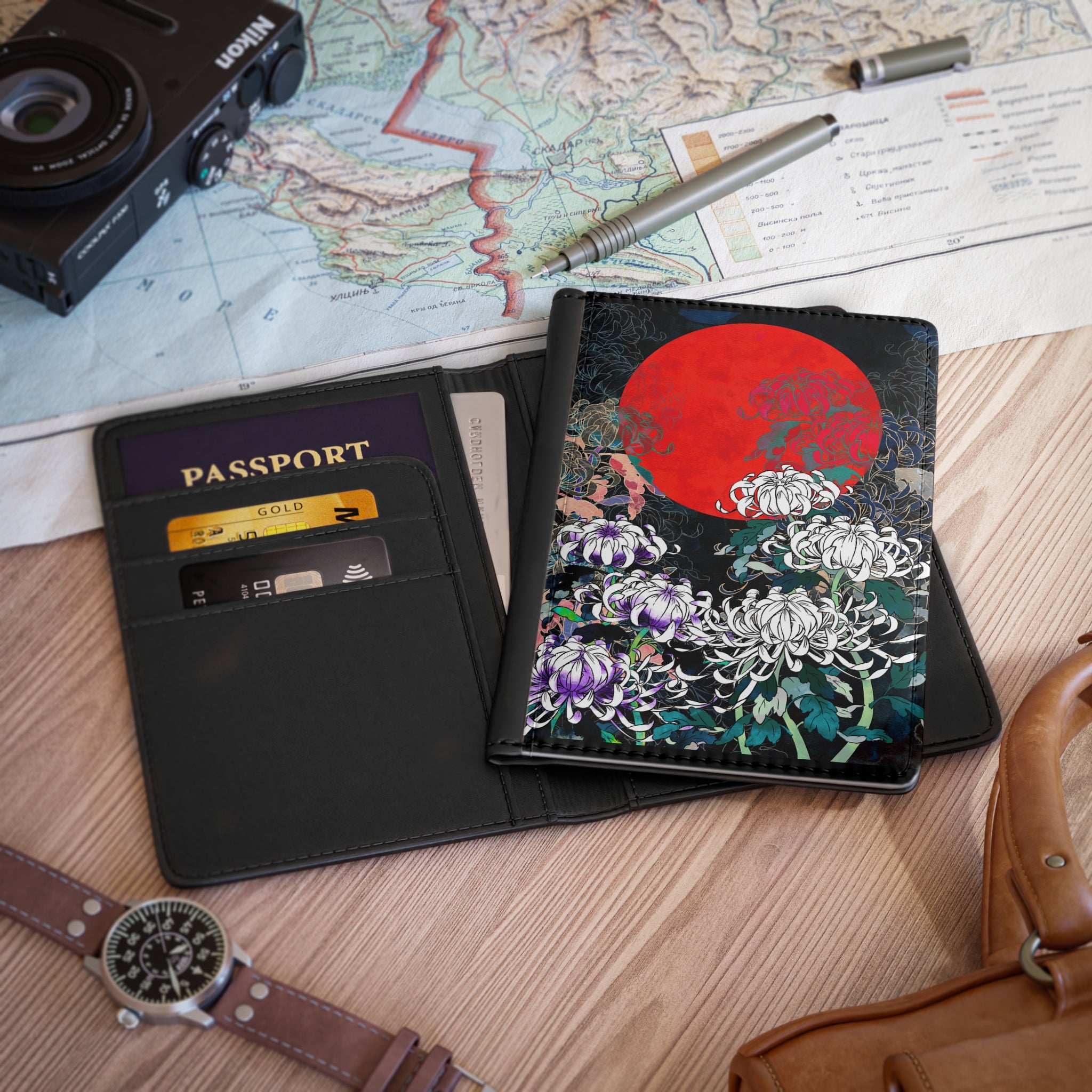 Red Sun&  Chrysanthemum Flower |  Passport Cover | Japanese Floral Travel Accessory