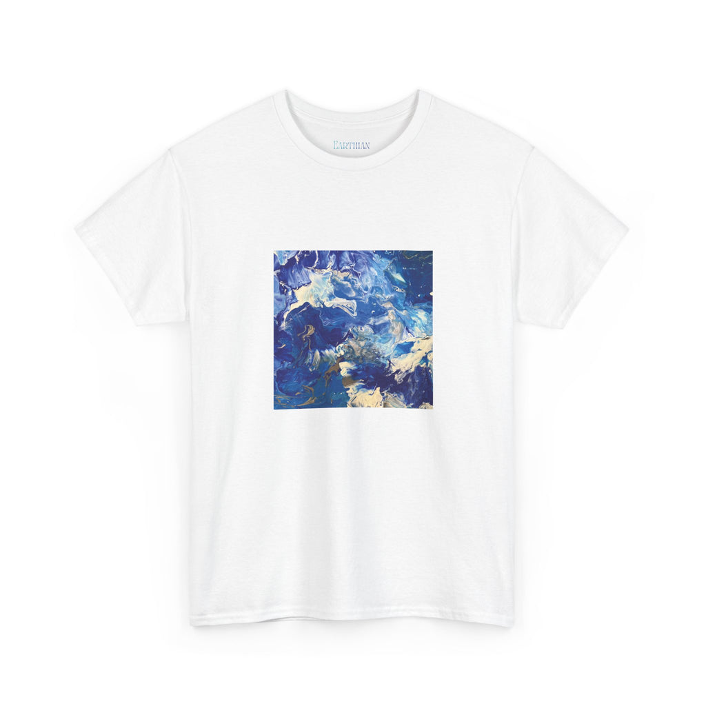 Earth Blue, Silver & White Marble T-Shirt | Abstract Fluid Art Tee - Original Canvas Painting