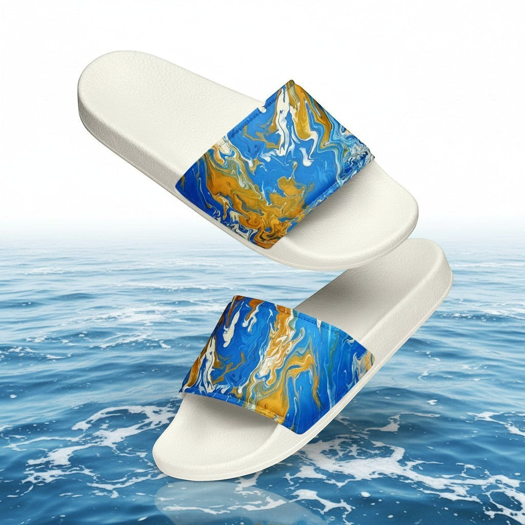 My Store women's white slides with luminous blue and gold abstract art strap. Faux leather.