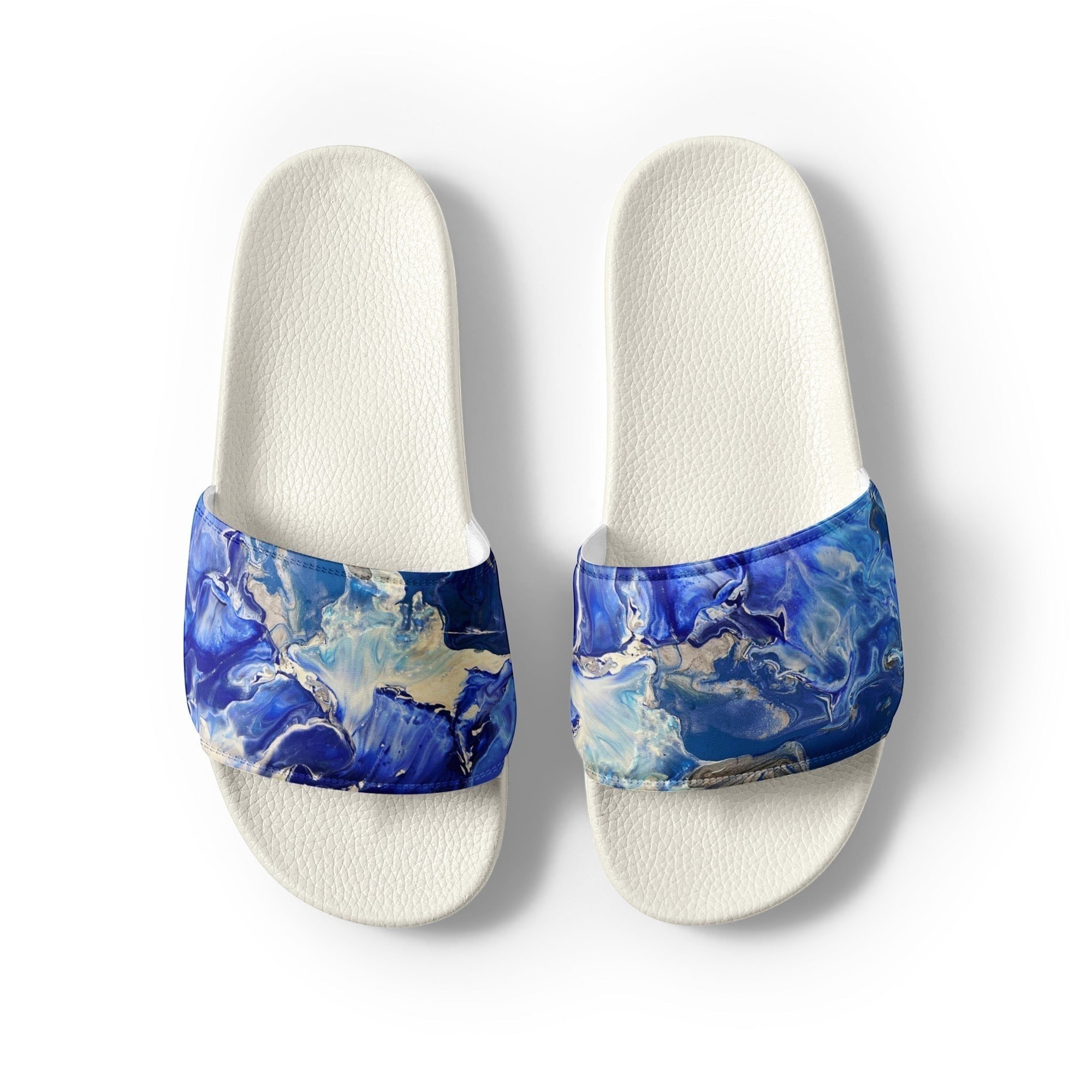 My Store women's white faux leather slides with blue abstract art print straps.